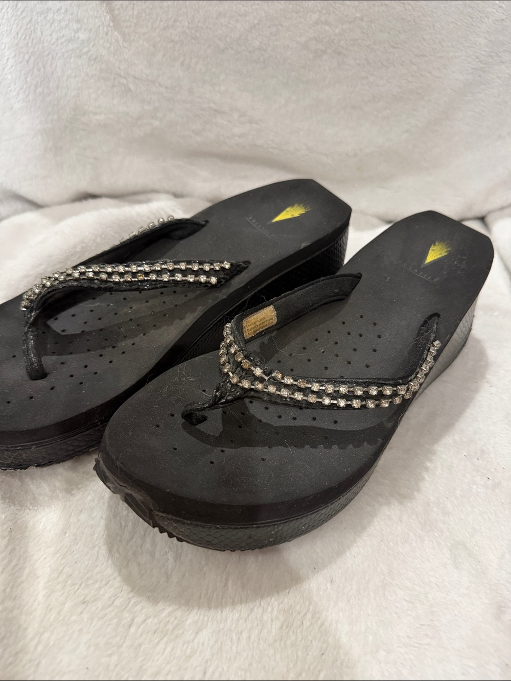 Volatile Black Rhinestone Wedge Sandals - Women's